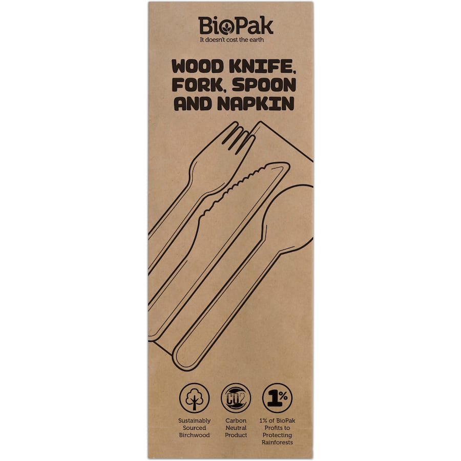 Eco-friendly Biopak Wooden Cutlery Set, perfect for stylish dining and outdoor adventures, made from biodegradable materials.