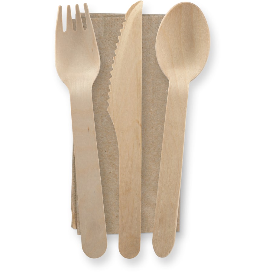 Eco-friendly wooden cutlery set for dining, perfect for picnics and camping; biodegradable, stylish, and sustainable.