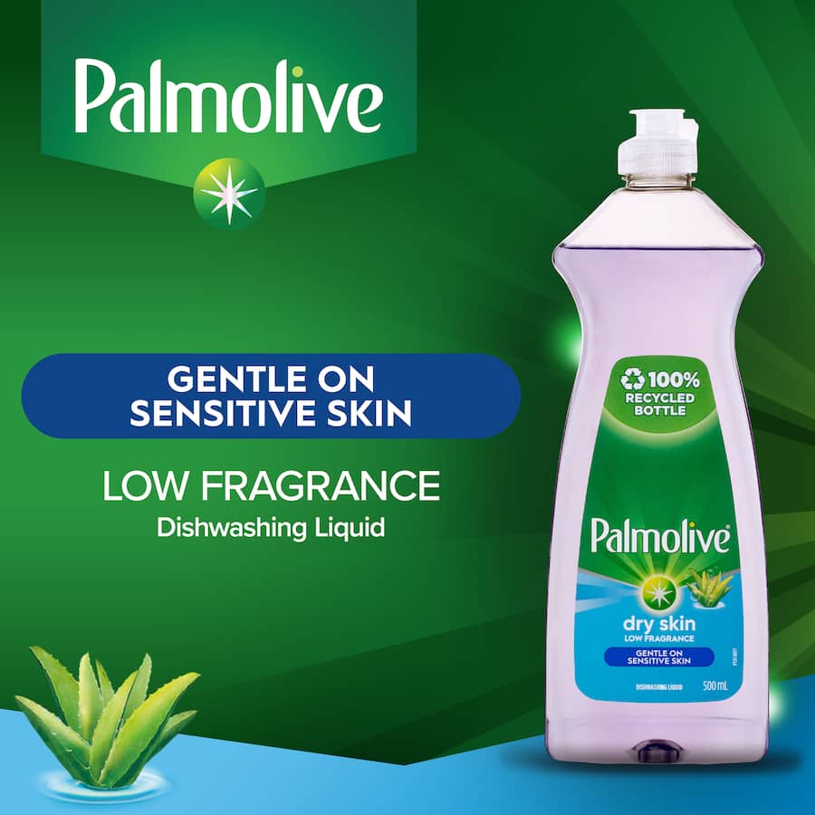 Palmolive Dishwash Liquid for Dry Skin with Aloe: Gentle, hypoallergenic formula tough on grease, infused with soothing aloe.