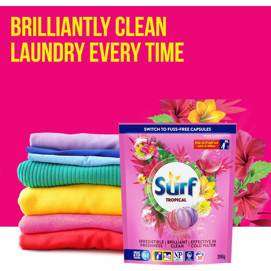 Surf Laundry Detergent Capsules Tropical featuring 30 washes with vibrant floral scents for a fresh, clean laundry experience.