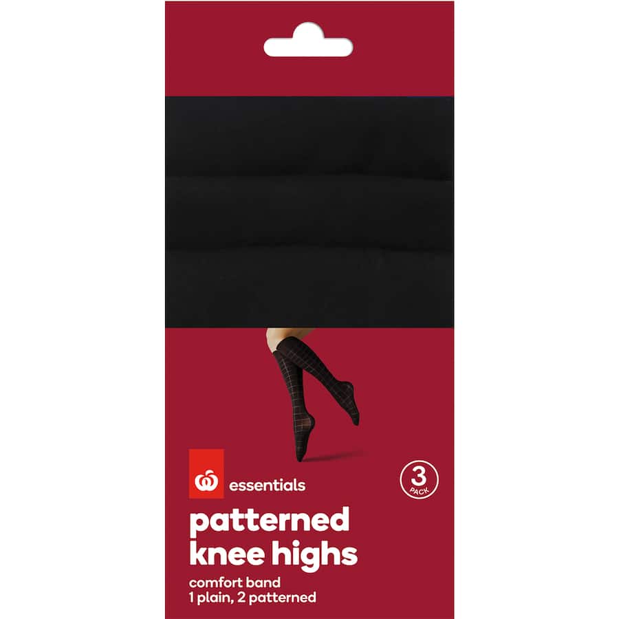 Three pairs of black knee highs with patterns, featuring a comfort band and one-size-fits-most design for versatile styling.