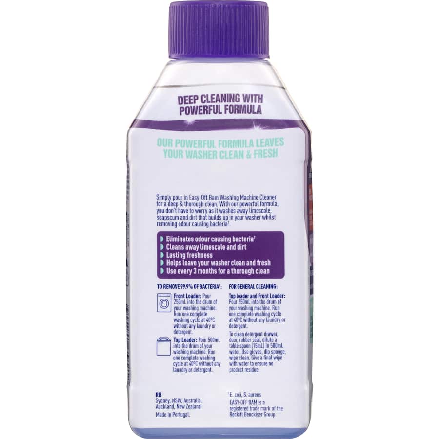 Easy Off Bam Washing Machine Cleaner effectively removes dirt, limescale, and bacteria, leaving a fresh eucalyptus scent.