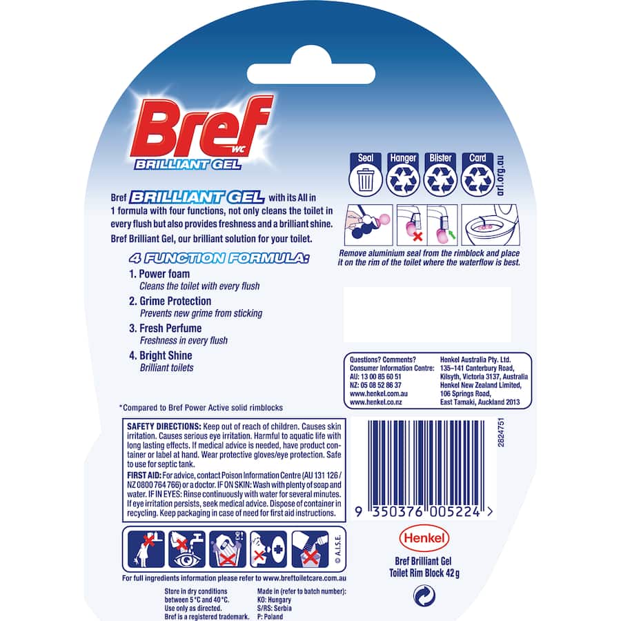 Bref Brilliant Gel Toilet Flush Rim Block in Spring Rain, offering powerful cleaning and fresh scent with every flush.