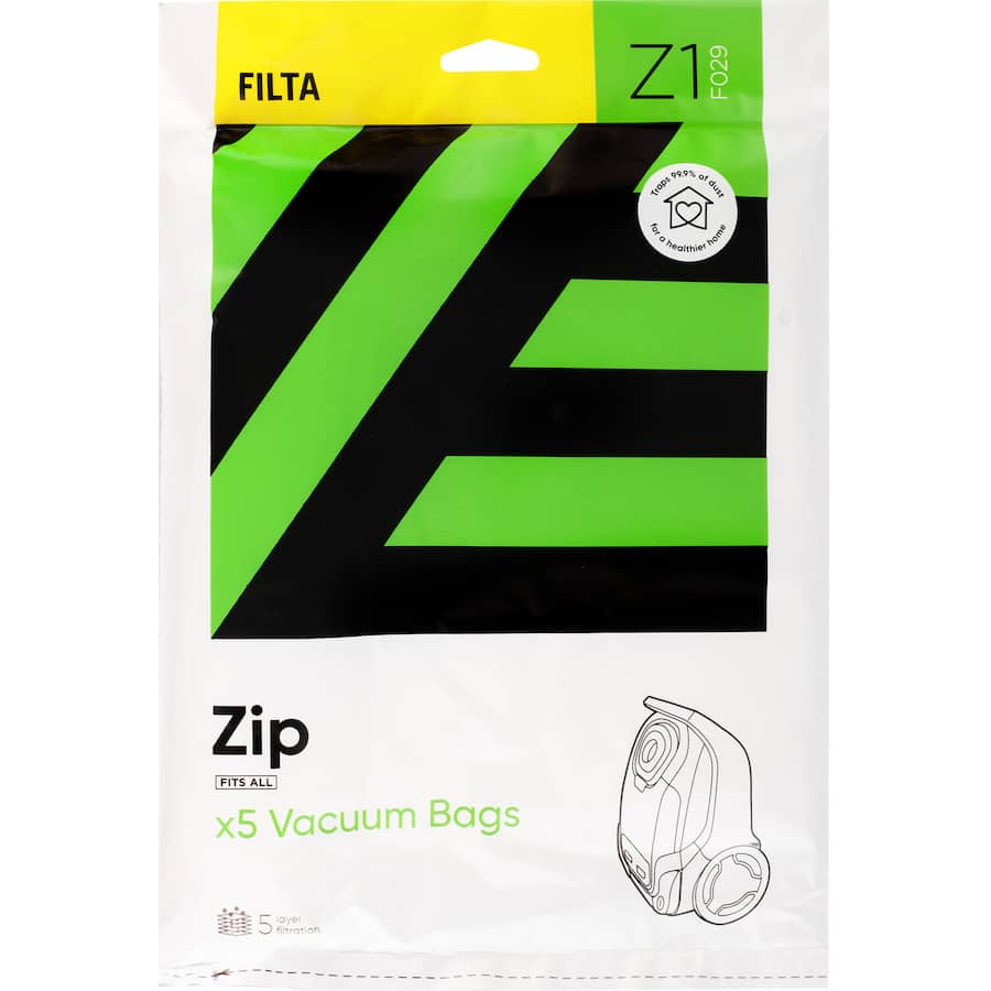 Filta Vacuum Bags Zip Microfibre featuring 5-layer filtration, captures 99.9% of dust for a healthier home.