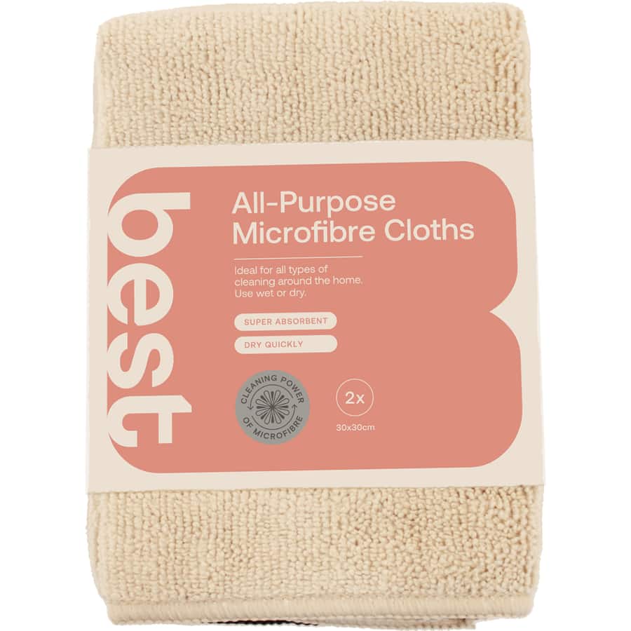 Premium all-purpose microfibre cloths, super absorbent, streak-free finish, machine washable, eco-friendly, pack of 2.