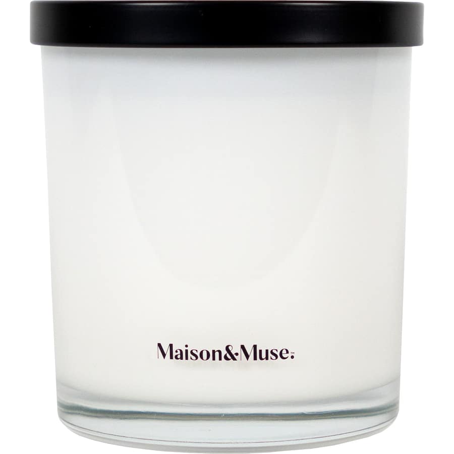 Maison & Muse Vanilla & Caramel scented candle in recyclable glass, offering 75 hours of warmth and luxury ambiance.