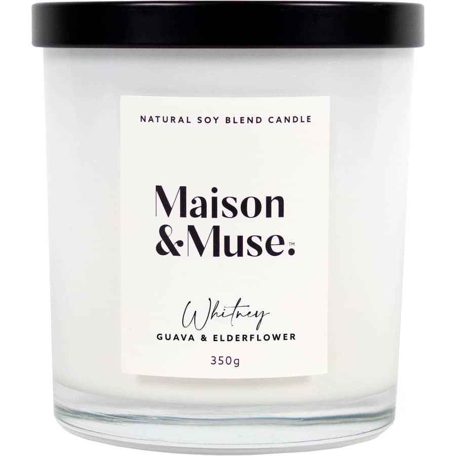 Maison & Muse Guava & Elderflower Candle in a sleek jar, filling spaces with vibrant fruity and floral aromas for 75 hours.