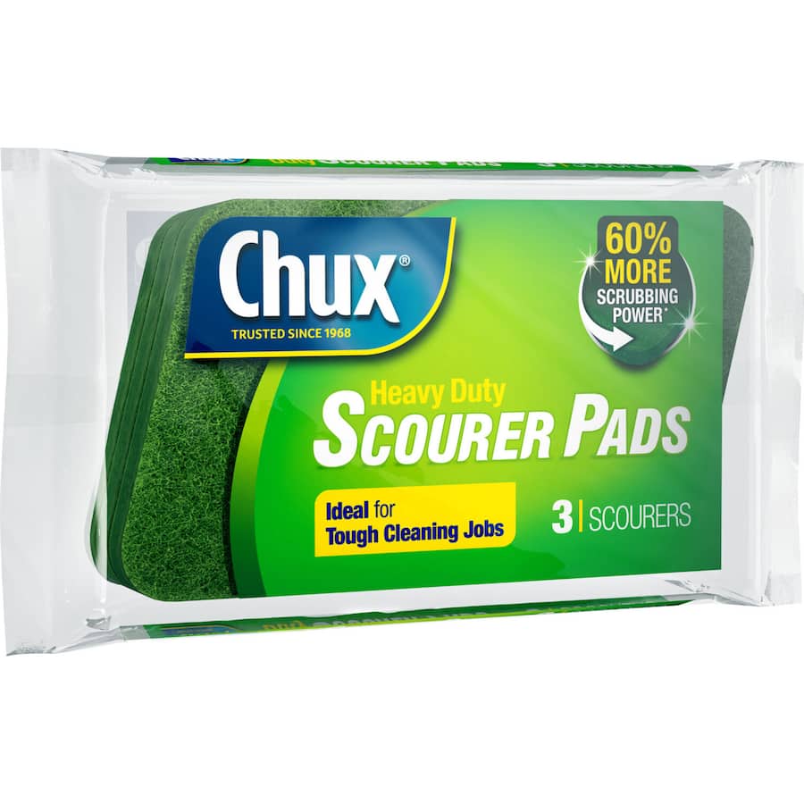 Chux Scourer Heavy Duty Pads: coarse pads designed for tough cleaning of pots, pans, and hard-to-reach areas.