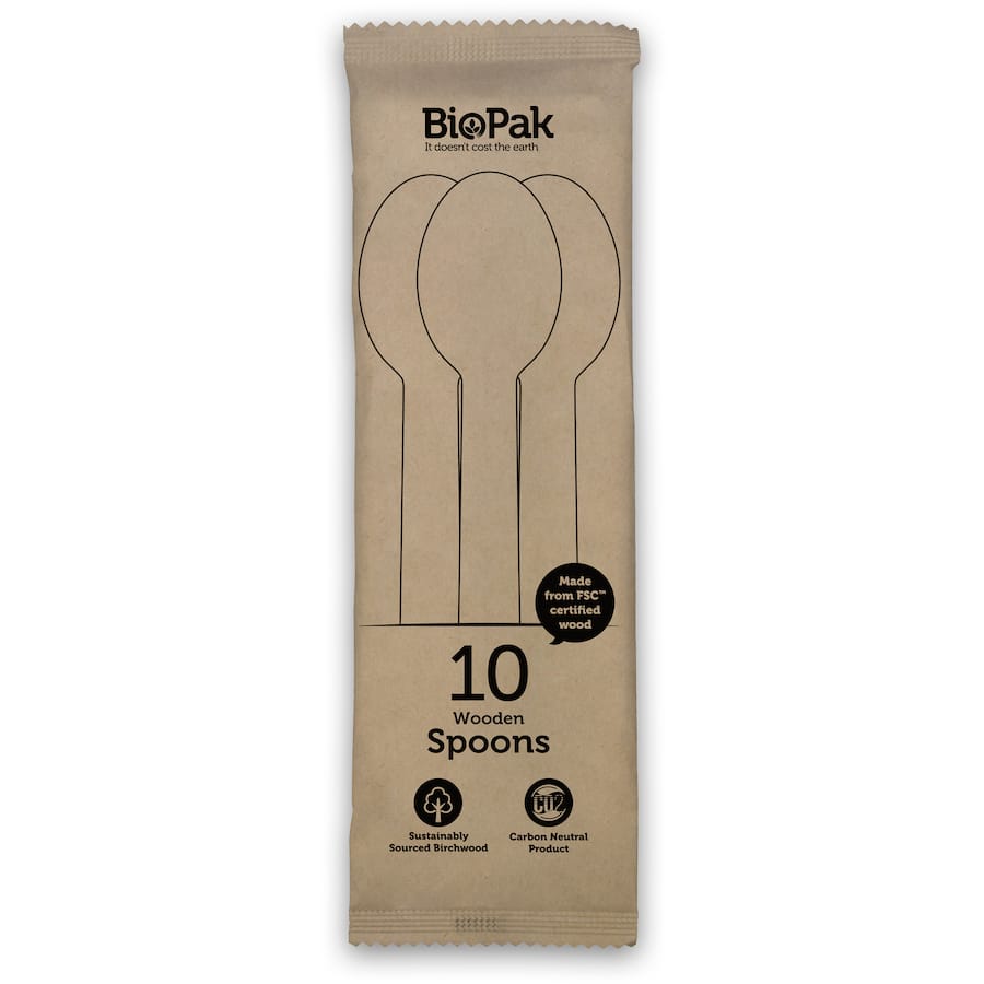 Biopak 16cm wooden spoons, eco-friendly and biodegradable, perfect for parties and sustainable dining.