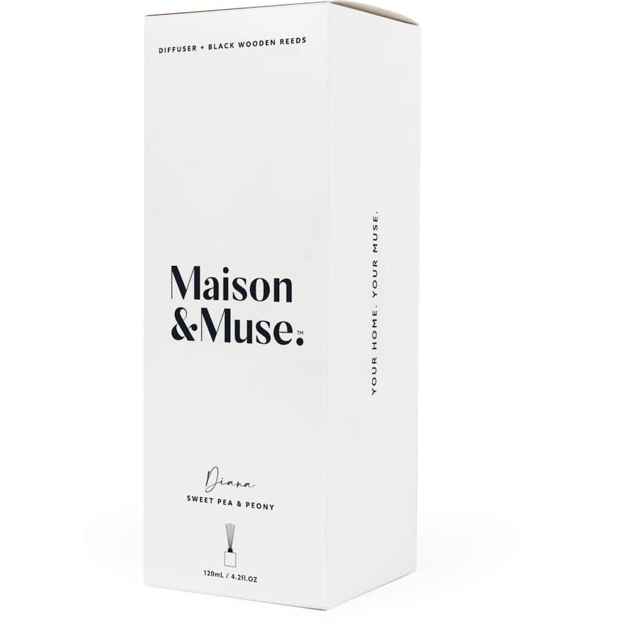 Maison & Muse diffuser featuring Sweet Pea & Peony scent in a sleek, recyclable glass decanter for elegant home fragrance.