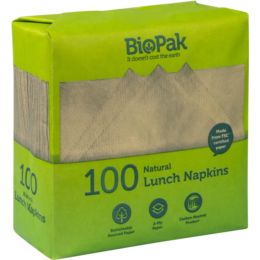 Biopak Lunch Napkins Natural 1/4 Fold 100pack
