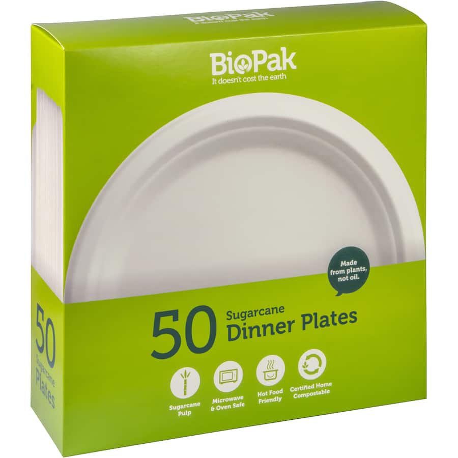 Eco-friendly 25mm Biopak plates made from sugar cane, durable for all food service needs and biodegradable for sustainable dining.