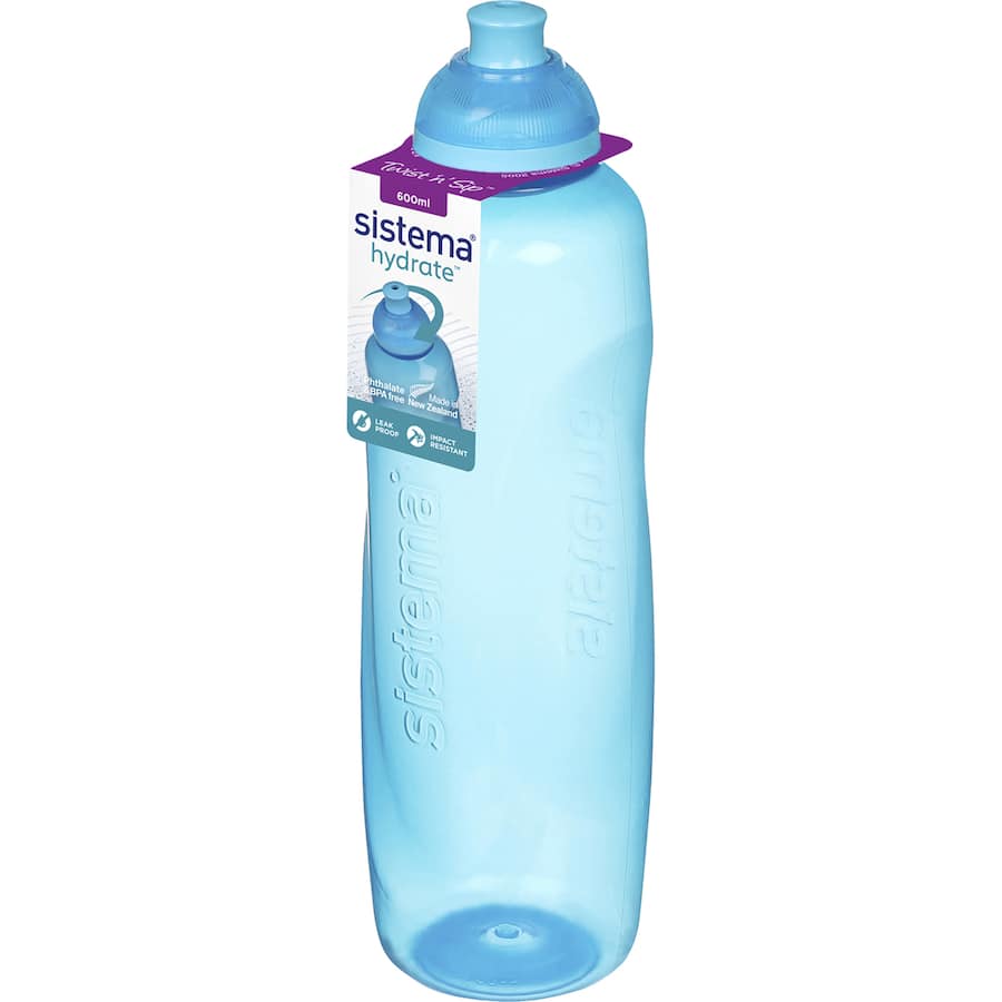 Vibrant Sistema Hydrate 600ml water bottle with twist lid and easy-sip spout, perfect for active lifestyles and everyday use.