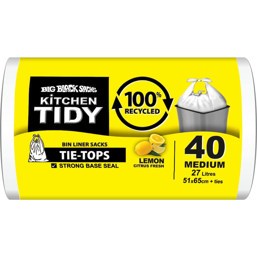Eco-friendly medium-sized black bin liners (51 x 65 cm) with lemon scent, made from 100% recycled plastic for 27L bins.