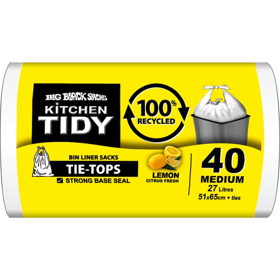 Medium-sized, eco-friendly kitchen tidy bin liners with lemon fragrance, made from 100% recycled plastic, 51 x 65 cm.