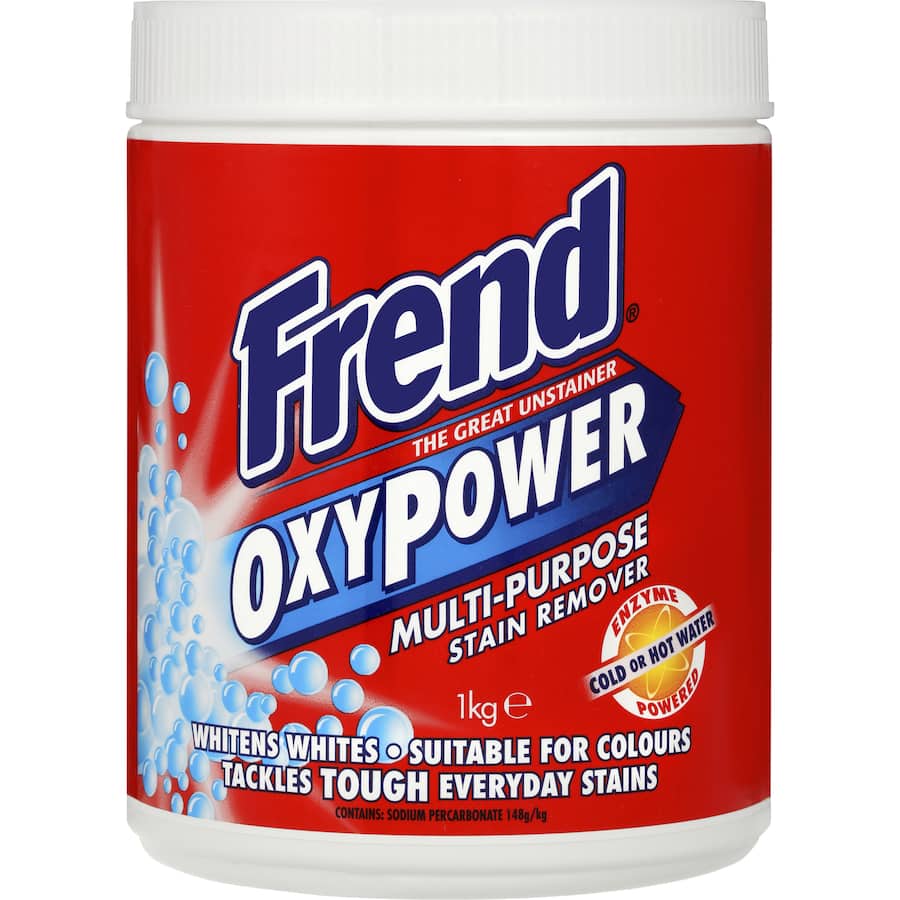 Frend Laundry Soaker Oxy Power Stain Remover Powder, an enzyme-powered solution for tough stains on whites and colors.
