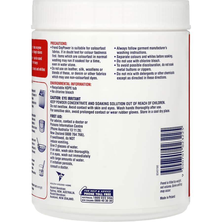 Frend Laundry Soaker Oxy Power Stain Remover Powder, effective on stains, safe for colors and whites, works in cold or hot water.