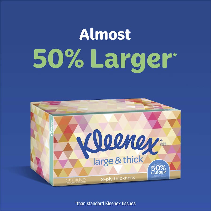 Soft and strong 3-ply Kleenex tissues, perfect for everyday use and comfort during colds or allergies.