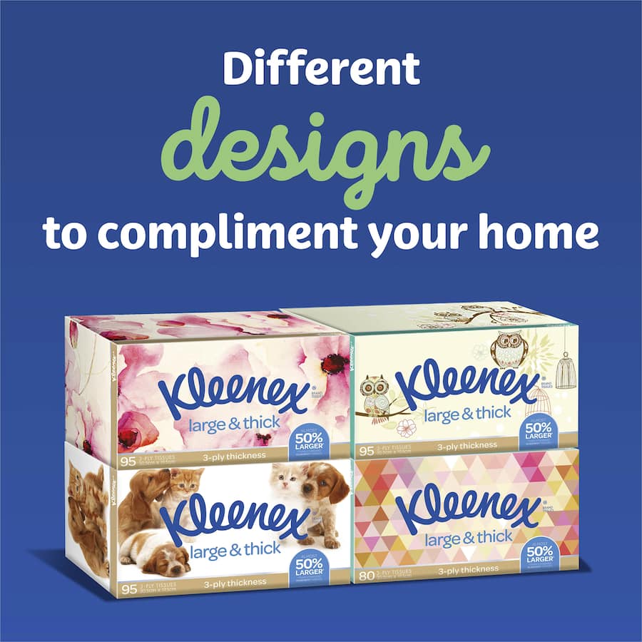 Soft and strong Kleenex 3-ply tissues in a large box, ideal for everyday use and soothing sore noses.