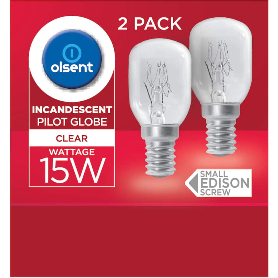 Clear 15W Olsent Pilot Light Bulb with T28 screw base, ideal for home and office lighting upgrades.