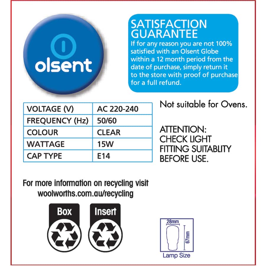 Olsent Pilot 15W clear light bulb with T28 screw base for efficient illumination in home or office settings.