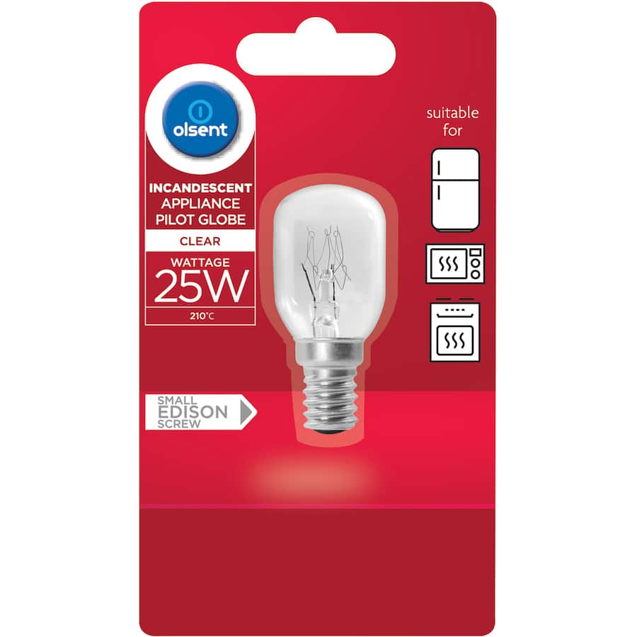 Clear 25W T25 screw light bulb for home lighting and appliances, offering bright illumination and easy installation.