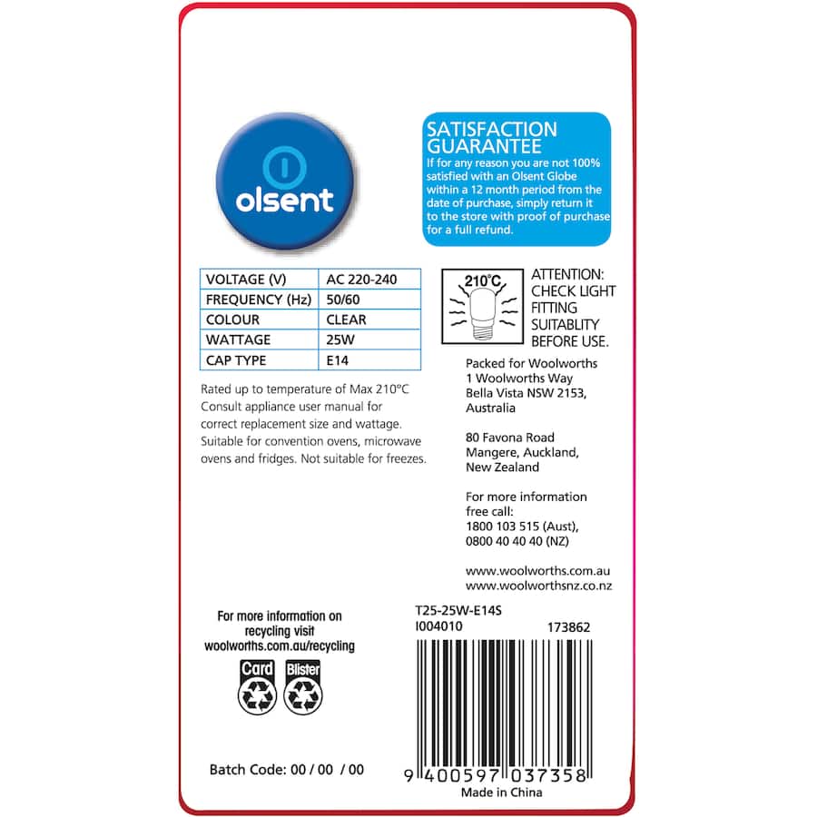 Clear Olsent Pilot Light Bulb T25 Screw 25W for bright illumination in appliances and decorative fixtures. Ideal for home use.
