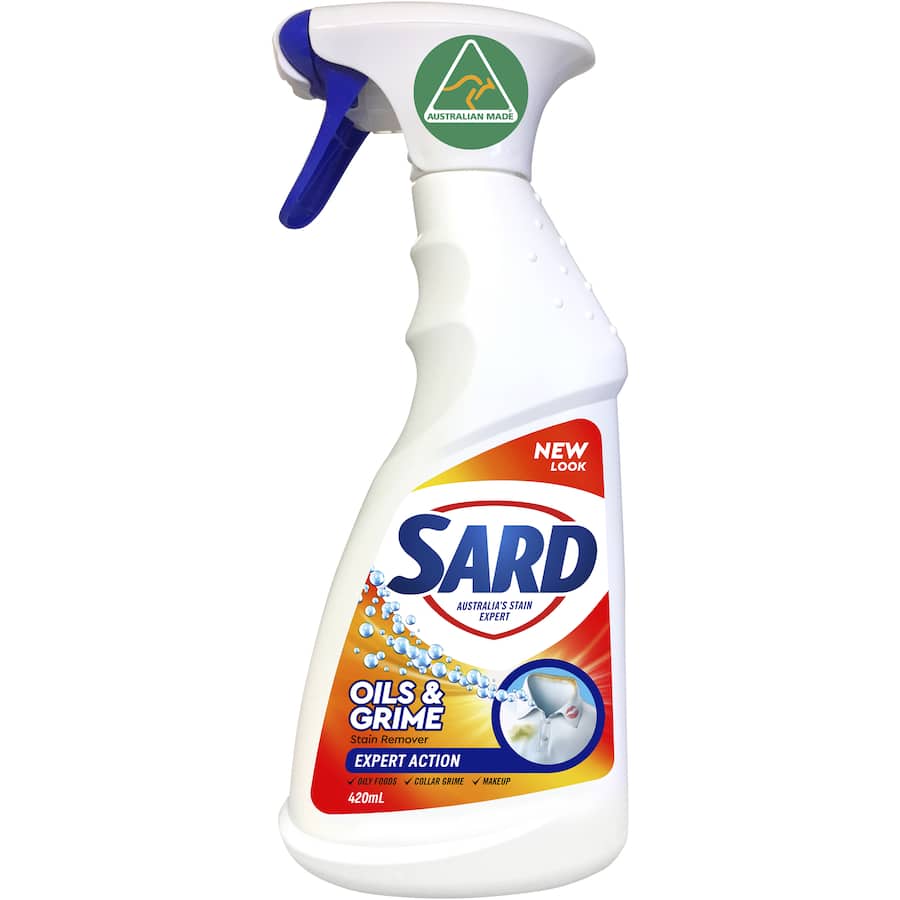 Sard Stain Remover Spray for Oils & Grime in a 420ml recyclable bottle, tackling tough stains on fabrics effectively.