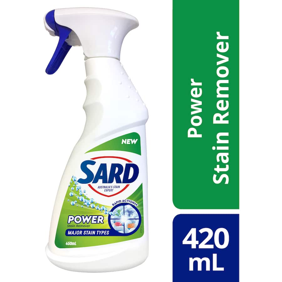 Sard Power Stain Remover Spray effectively tackles tough stains with Oxy, safe for whites and colors, eco-friendly packaging.