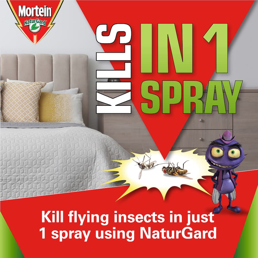 Mortein Naturgard Flying Insect Killer in eucalyptus scent, quickly eliminates flying pests with plant-based ingredients.