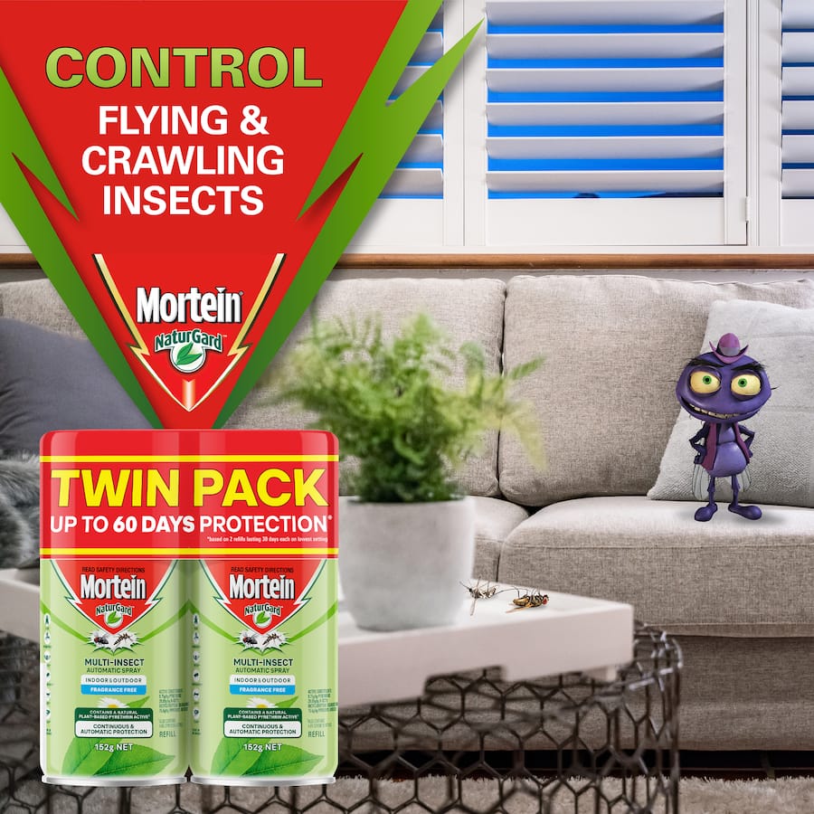 Fragrance-free Mortein Naturgard insect control system, automatic spray refills for indoor and outdoor pest protection.