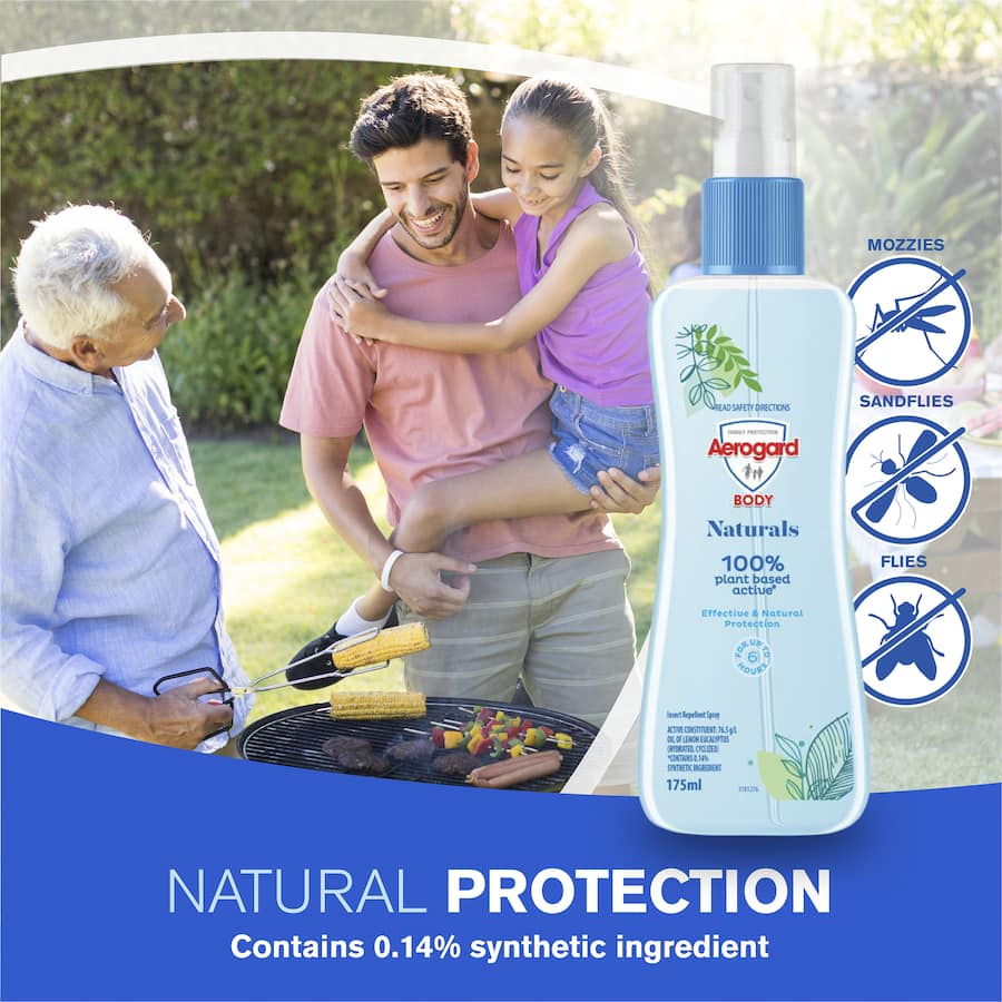 A 175ml pump spray of Aerogard Insect Repellent Natural, offering plant-based protection against mosquitoes and flies.