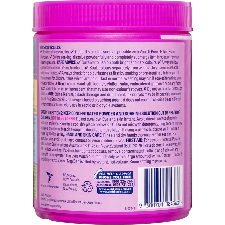 Vanish Napisan Oxi Action Stain Remover powder for effective, colour-safe stain removal on cotton and polycotton fabrics.
