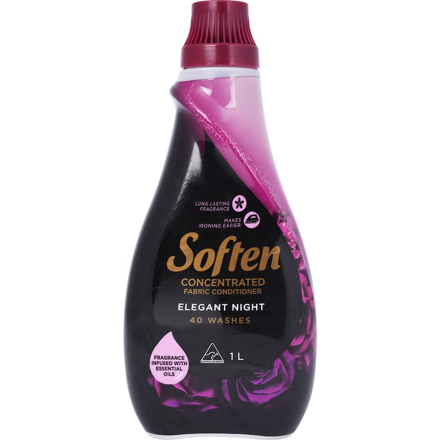Elegant Night fabric softener bottle showcasing concentrated formula for softness, fragrance, and eco-friendly laundry care.