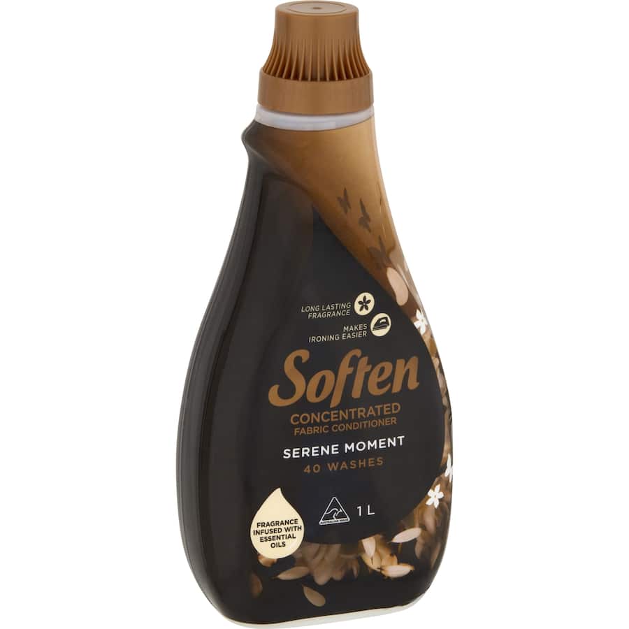 Concentrated fabric softener for luxurious softness and refreshing scent, reducing wrinkles and static in laundry.