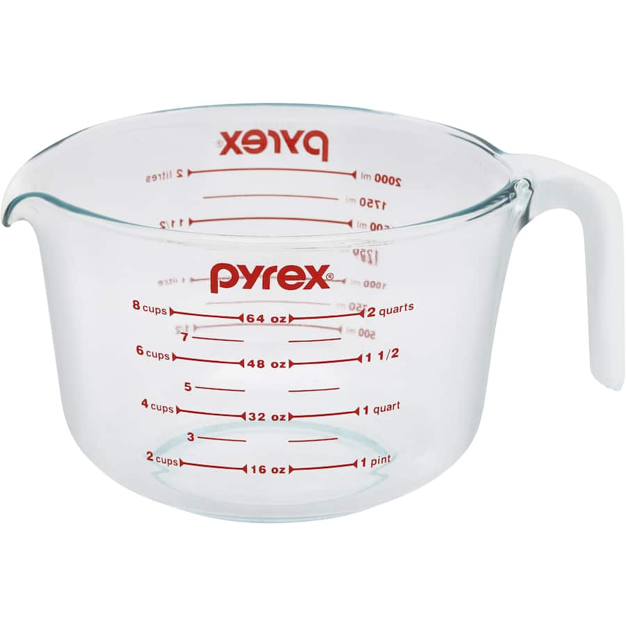 Pyrex 2L measuring jug, durable glass with easy-to-read markings, safe for microwave, fridge, and freezer, dishwasher safe.
