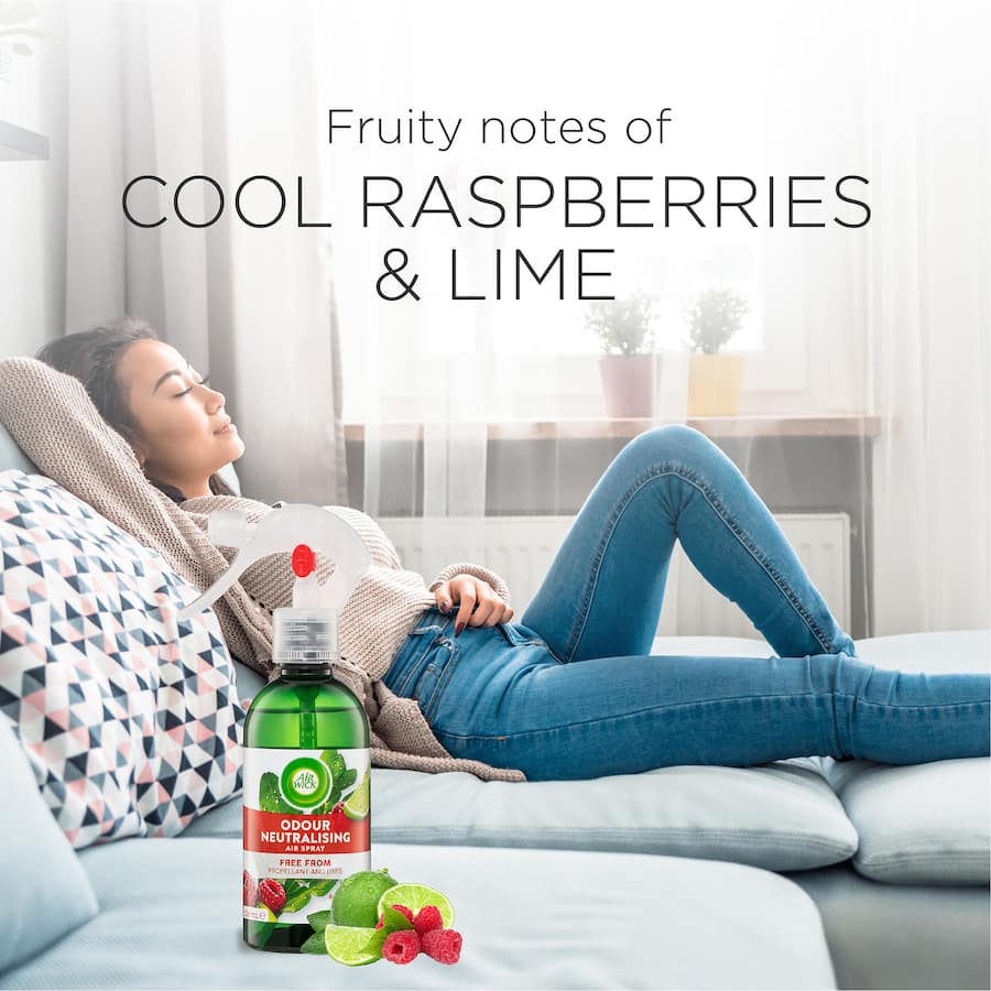 Air Wick Odour Neutralising Air Spray in Cool Raspberries & Lime freshens your home with fruity scents, tackling bad odors safely.
