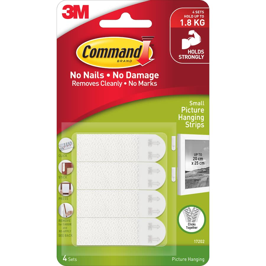 Small interlocking strips hooks from 3M, perfect for damage-free organization of pictures, keys, and utensils.