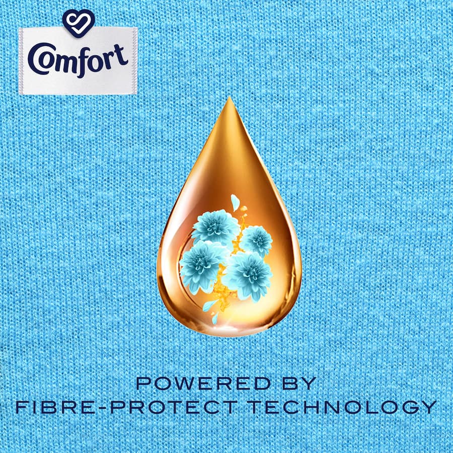 Comfort Fabric Softener Conditioner in Sky Blue, offering soft, fragrant clothes with Fibre-Protect tech for vibrant, long-lasting freshness.
