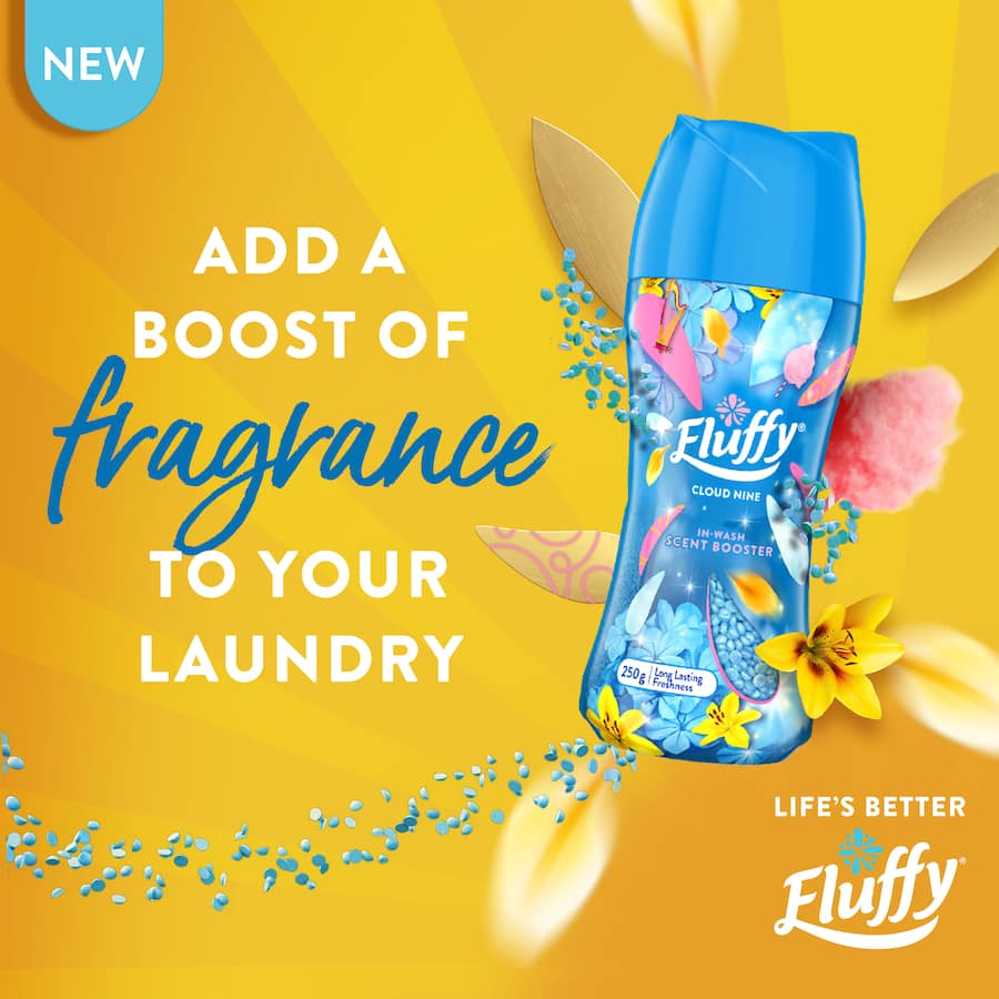 Fluffy Fabric Freshener Cloud Nine Scent Booster beads add enchanting bluebell fragrance to your laundry for long-lasting freshness.