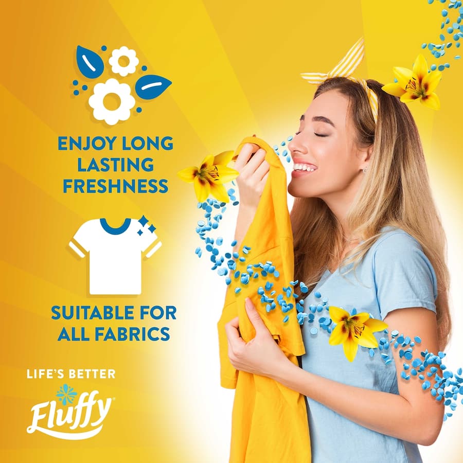 Fluffy Fabric Freshener Cloud Nine Scent Booster beads add long-lasting freshness and a dreamy bluebell aroma to laundry.