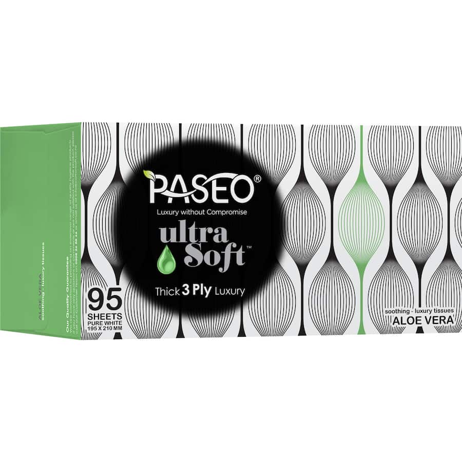 Paseo Ultra Soft Aloe Vera Facial Tissues box featuring eco-friendly design, infused with aloe for softness and comfort.