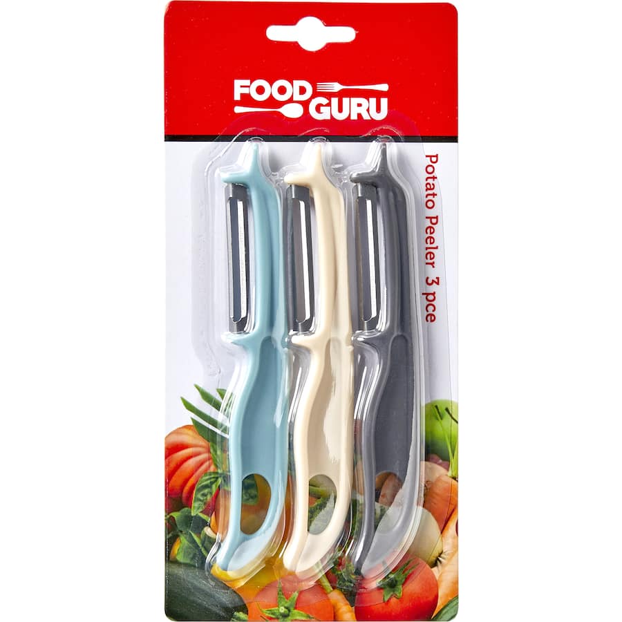 Colorful set of ergonomic plastic peelers with sharp blades for effortless peeling of fruits and vegetables in the kitchen.