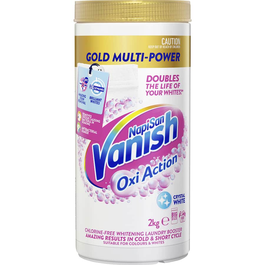 Vanish Napisan Gold Crystal White Powder for tough stain removal, chlorine-free, cold cycle booster for brilliant white fabrics.