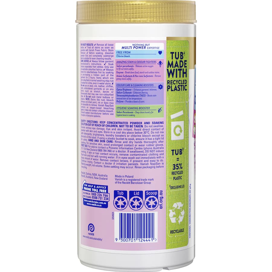 Vanish Napisan Gold Multipower Stain Remover Crystal White Powder for effective stain removal, safe for delicate fabrics.