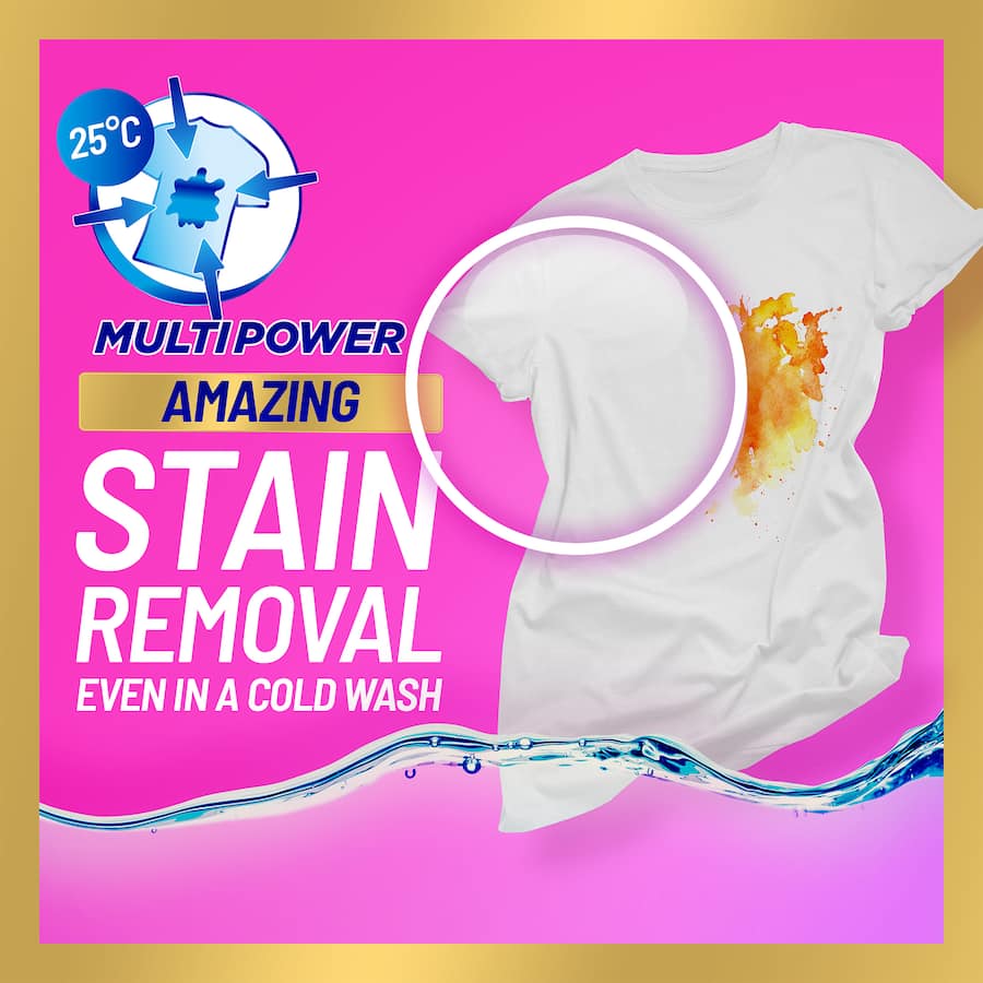 Vanish Napisan Gold Crystal White Powder for powerful stain removal, chlorine-free, cold cycle booster for brilliant white fabrics.