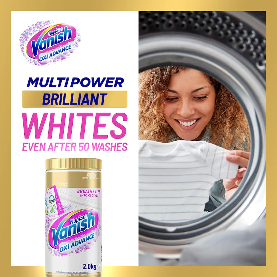 Vanish Napisan Gold Crystal White Powder, a powerful stain remover for brilliant whites, safe for delicate fabrics, and energy-efficient.