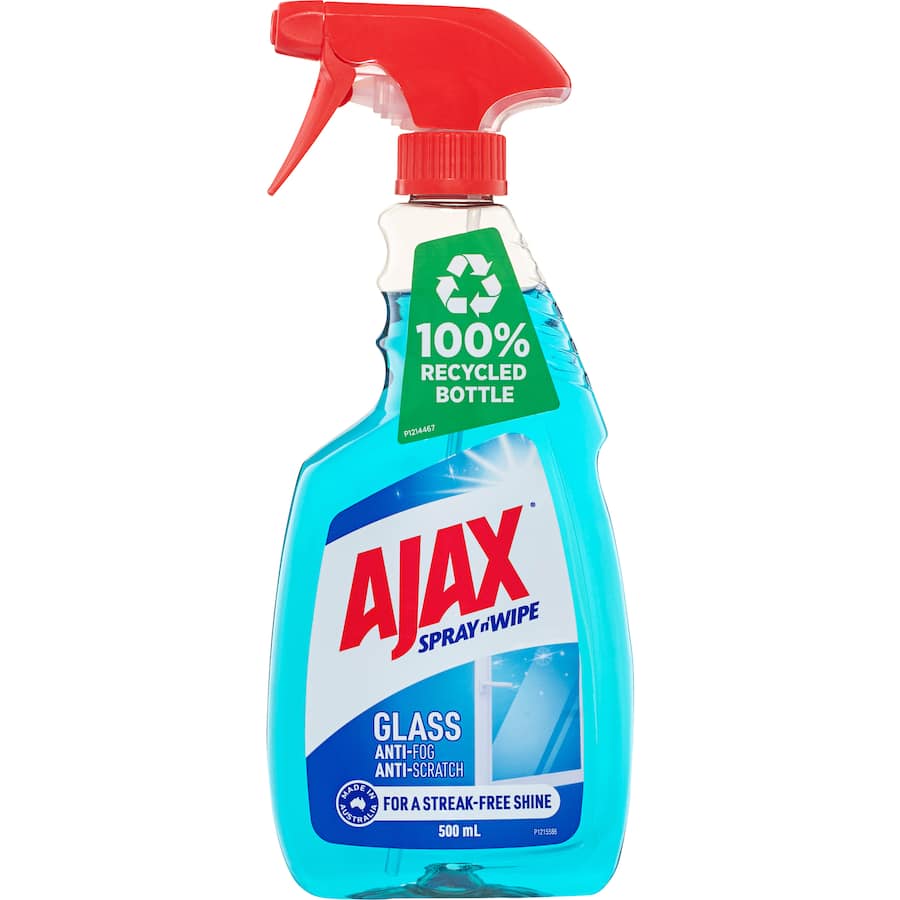 Ajax Spray N Wipe Glass Cleaner in a trigger spray bottle, featuring anti-streak, anti-fog, and anti-scratch formula for crystal-clear shine.