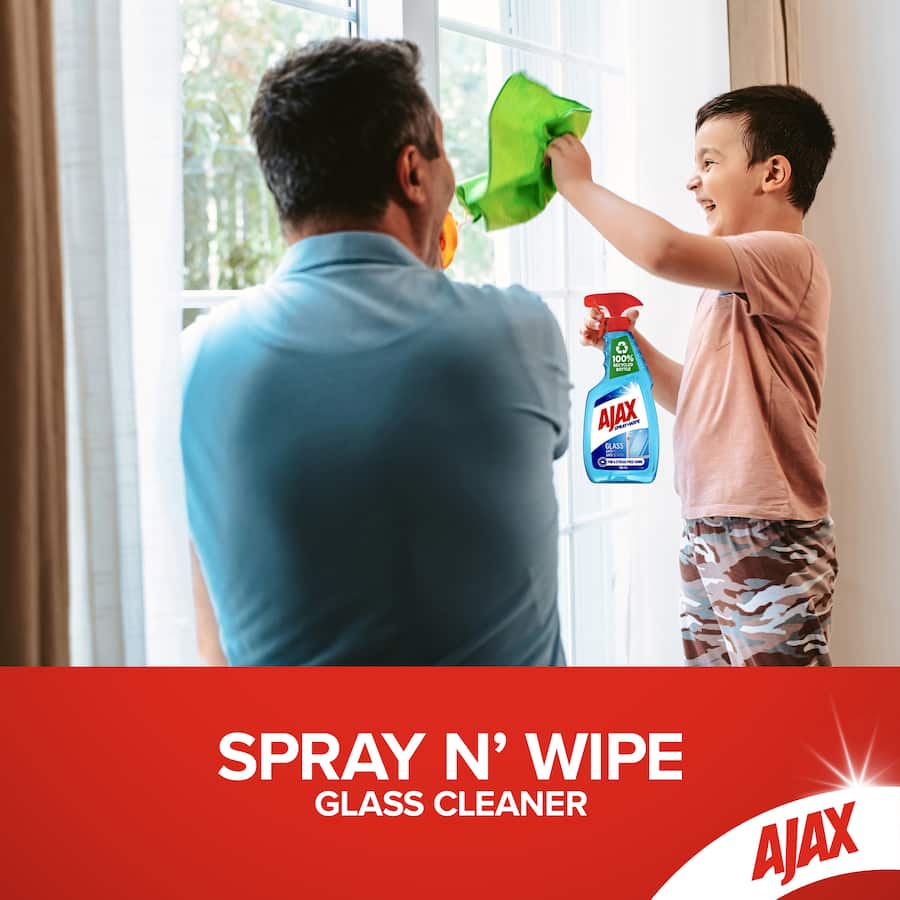 Ajax Spray N Wipe Glass Cleaner in a trigger bottle, offering anti-streak, anti-fog, and anti-scratch cleaning for crystal-clear surfaces.