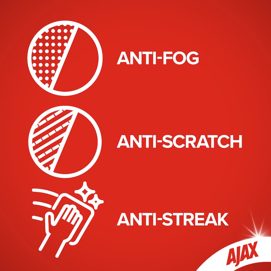 Ajax Spray N Wipe Glass Cleaner bottle showcasing anti-streak, anti-fog, and anti-scratch features for crystal-clear cleaning.